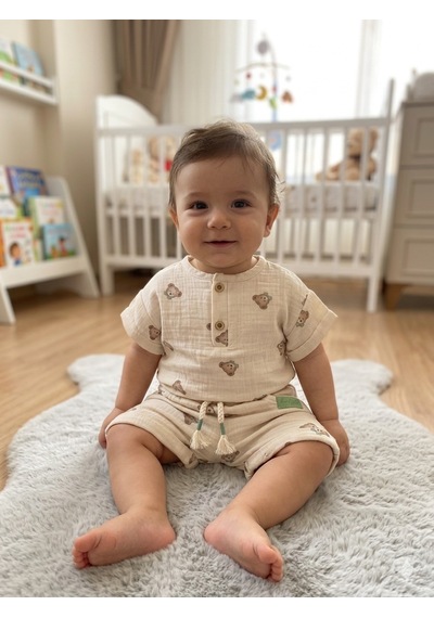 Bistyle 2li Takım Şortlu Müslin My Teddy Smile Açık Bej