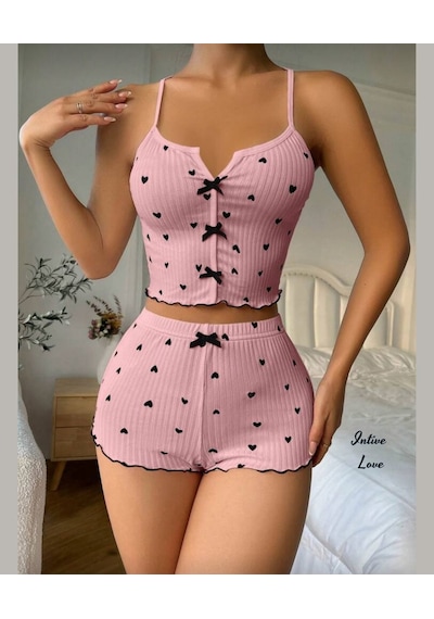 Intive Comfort Kalp Desenli V Yaka İnce Askılı Mini Şortlu Büstiy Pembe