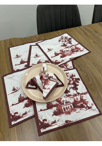 Toile De Jouy Monet Amerikan Servis 6 Lı Set 30x30 Cm %100 Pamuk Dijital Baskılı Country Tarzı Fransız Masa Dekoru - Zt730 Kırmızı