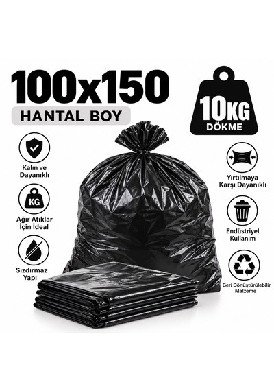 Siyah Çöp Torbası 100x150 Cm Hantal Boy 10 Kg Dökme Kalın Çöp Poşeti Endüstriyel Ağır Hizmet