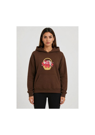 Herkesemoda Çiçek Sepeti Baskılı Kapüşonlu 2 İplik Şardonlu Sweatshirt Kahverengi