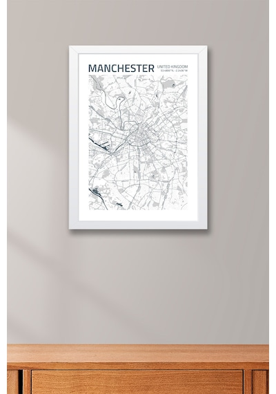 Manchester İngiltere Haritası Çerçeveli Tablo Lüks Salon Ofis Duvar Dekorasyonu Hediyelik Tablo Beyaz