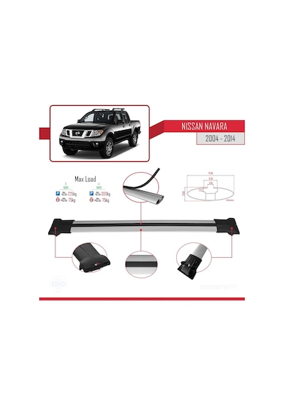 Nissan Navara 2004-2014 Arası İle Uyumlu Fly Model Ara Atkı Tavan Barı Gri 3 Adet Bar