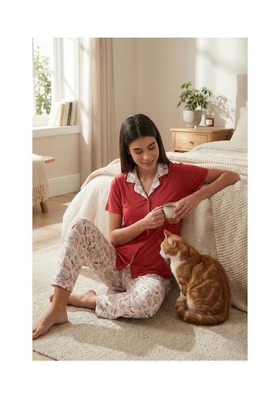 Lela Regular Fit Gömlek Yaka Kısa Kollu Bayan Pijama Takımı 65730101 Kırmızı