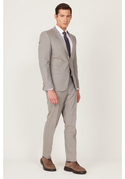 Altınyıldız Classıcs Erkek Bej Ekstra Slim Fit Dar Kesim Mono Yaka Desenli Takım Elbise