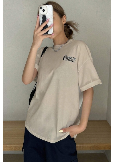 Unisex Optimistic Baskılı Tasarım Tshirt Bej