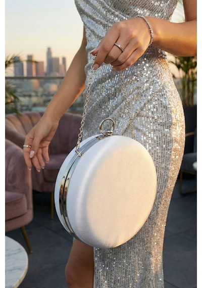 Vivazzaluxe Modern Yuvarlak Model Simli Düğün Nişan Gelin Kadın Abiye Clutch Çanta Beyaz