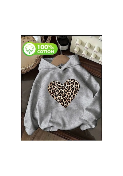 Herkesemoda Leopar Kalp Baskı Detaylı İçi Polarlı Kapüşonlu Sweatshirt Gri