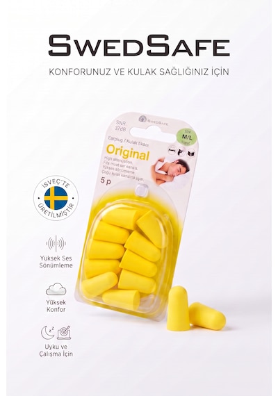 SwedSafe Original Kulak Tıkacı, M/l Boyut, 5 Çift, 37 Db Gürültü Azaltma, Yumuşak Köpük