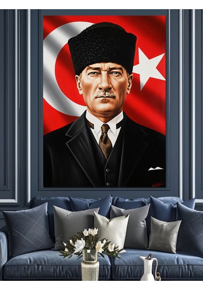 Ahşap Tablo Bayrak Önünde Atatürk Portresi