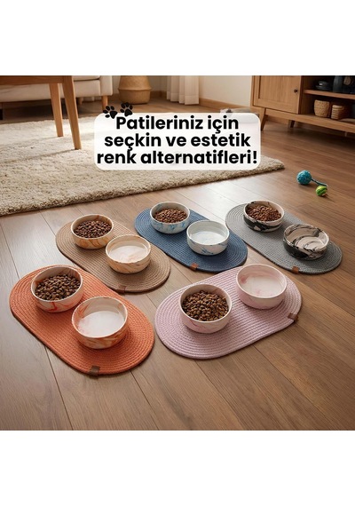 Premium 3'lü Evcil Hayvan Mama Kabı Seti 2 Adet Lüks Mermer Desenli Seramik Kase Ve 1 Adet Oval Örgü Jüt Paspas, Kedi Ve Köpek Su Yemek Tabağı Seti Turuncu