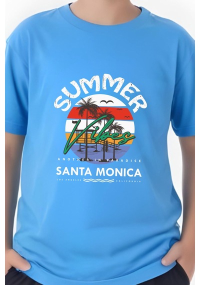 Panios Kids Summer Baskılı Erkek Çocuk Yuvarlak Yaka Kısa Kollu T-shirt Mavi