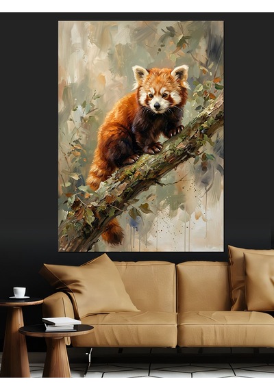 Ağaç Dalında Küçük Kızıl Panda Dekoratif Kanvas - Mdf Ahşap Tablo