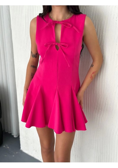Hazego Göğüs Bağlamalı Kolsuz Mini Boy Elbise - Pembe Pembe