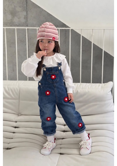 Minigimin Cicileri Çiçek Aplikeli Denim Salopet Ve Dantel Yakalı Bluz Kız Çocuk 2 Li Takım - Mavi Diğer Minigimin Cicileri Çiçek Aplikeli Denim Salopet Ve Dantel Yakalı Bluz Kız Çocuk 2 Li Takım - Mavi Diğer