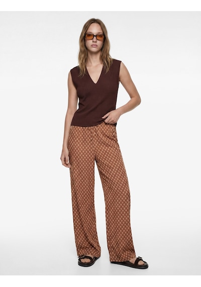 Koton Dokulu Kolsuz Slim Fit V Yaka Bluz Kahverengi 6sal30197ık Kahve