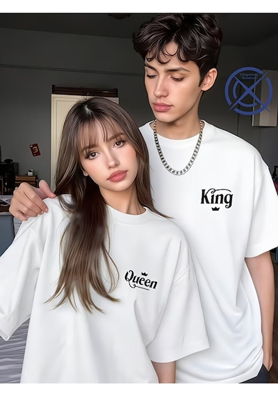 Nevermind King Queen Sevgili Tişört Kombini Unisex Çift Tişört Seti %100 Pa Beyaz