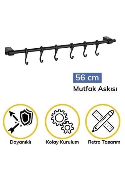 Duvara Monte Edilen 6 Kancalı Dekor Kaşıklık Ve Kupa Askısı Siyah