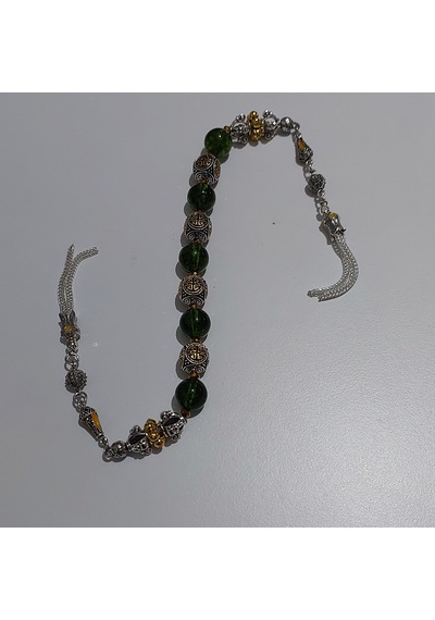 Usta İşi Pirinç İşlemeli Ve Doğal Taşlı Zamak Zaza Tesbih - Özel Tasarım Zebercet Taşı Peridot Taşı
