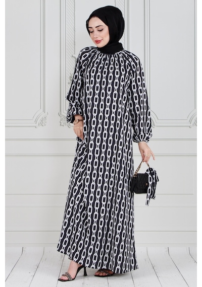 Sevitli Zincir Desen Tesettür Elbise-siyah-3598 - Beyaz