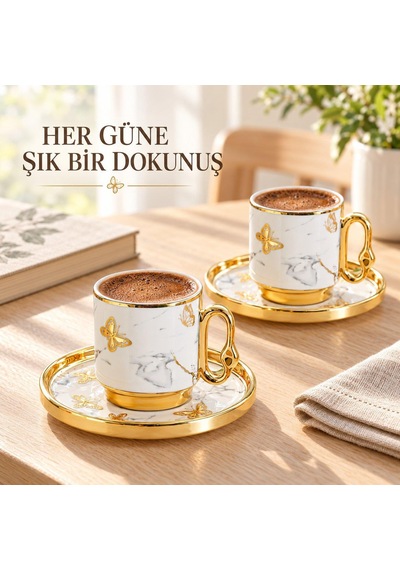 Valkyrie 12 Parça 6 Kişilik 80 Ml Türk Kahvesi Fincan Takımı Gold Kelebek Desenli K651-b