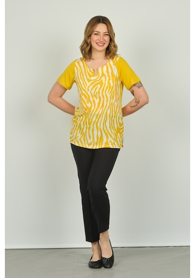 Ella Camelia Kadın Zebra Desenli Kısa Kol Bluz 20e016 Sarı