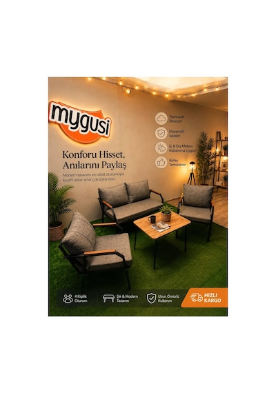 Mygusi Erva Serisi Balkon, Bahçe, Cafe - Metal Kanepe Koltuk Takımı - 211 40 70 Sehpalı - Kahverengi