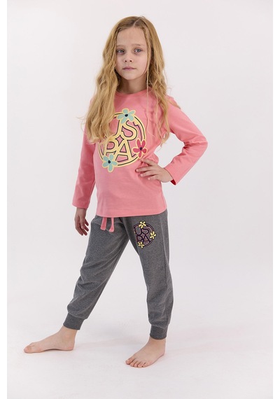U S Polo Assn Coral Kız Çocuk Pijama Takımı Somon