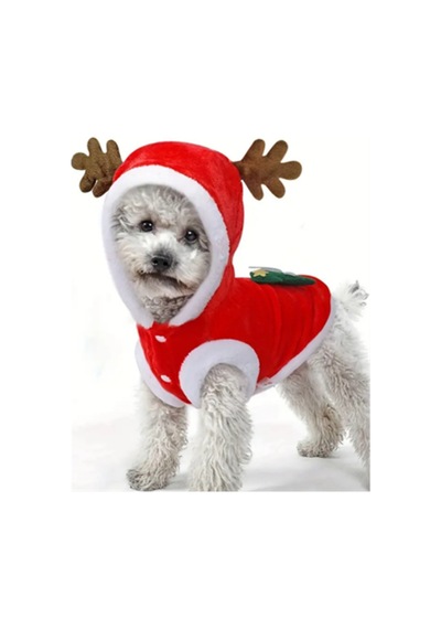 Noel Baba Geyiği Köpek Kostümü Küçük Irk Evcil Hayvanlar İçin Polyester Kapüşonlu Çıtçıtlı Fleece