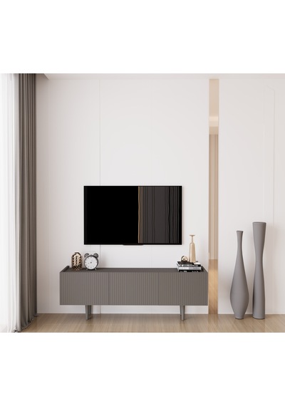 Capella Gri Mdf Country 3 Kapak Ahşap Ayaklı 140 Cm Tv Ünitesi