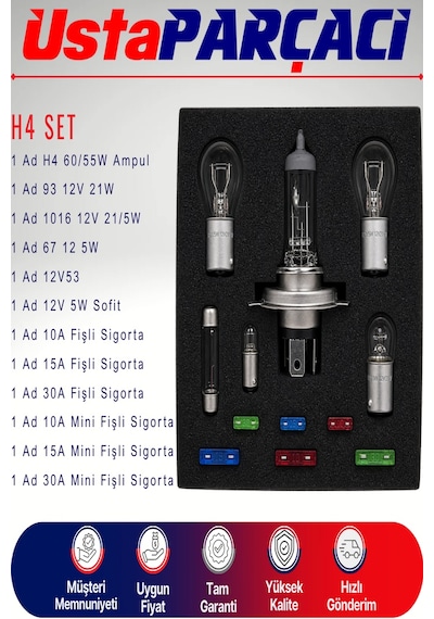 H4 Acil Yol Seti 12v Araç Ampul Ve Sigorta Seti Far Stop Park Sofit Ampul + Blade Sigorta Seyahat Güvenlik Kiti