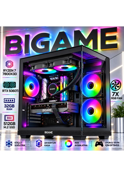 Bigame SAKURA-V6 R7-7800X3D 32 GB 512 GB M2 SSD RTX5060Ti Free Dos Masaüstü Oyuncu Bilgisayarı