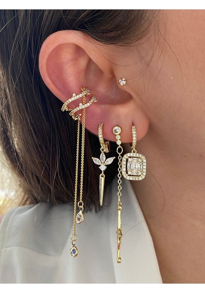Pinery Jewels Baget Ve Zirkon Taşlı 3'lü Altın Kaplama Kadın Küpe Seti Altın