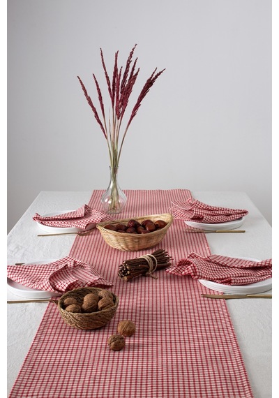 Doku Keten Piti Kareli Kırmızı Runner - Piknik Örtüsü 40 x 150 CM Kırmızı
