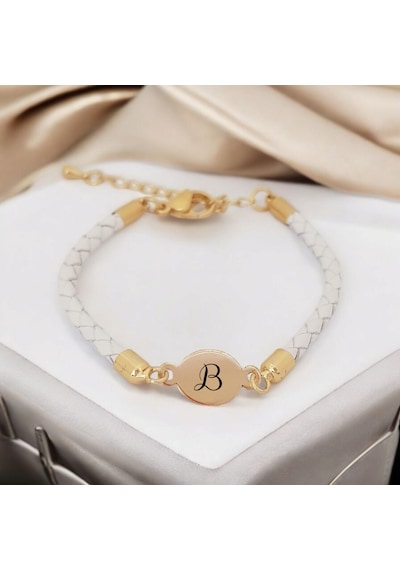 B Harfine Özel Oval Motifli 14 Ayar Altın Plakalı Doğal Beyaz Derili Hediye Bileklik-529harf B