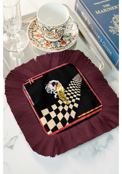 Lüks Modern Sanat Saçaklı Dekor Peçetesi-çarpıcı Siyah Bohem Bordo Saçak Bardak Altlığı Mendil Mat Adaçayı Camel