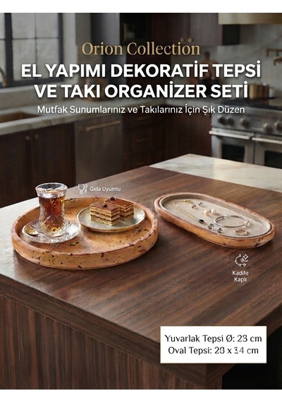Orion Serisi 2'li El Yapımı Kırılmaz Dekoratif Yuvarlak Ve Oval Sunum Tepsisi Seti - Çay, Kahve Sunumluk Ve Takı Organizeri Çok Renkli