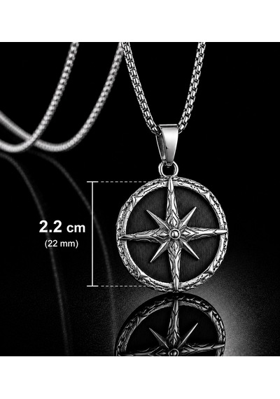 Paslanmaz Çelik Minimal Tasarım Vintage Stil Kuzey Yıldızı Pusula Kolye Beyaz - Siyah