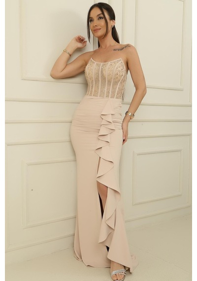 By Saygı Kadın Üstü Boncuk İşlemeli Balenli Transparan Önü Volanlı Yırtmaçlı Astarlı Uzun Elbise-36167 Gold By Saygı Kadın Üstü Boncuk İşlemeli Balenli Transparan Önü Volanlı Yırtmaçlı Astarlı Uzun Elbise-36167 Gold