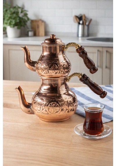 Dmt Copper Home Bakır Küçük Boy 3 Kişilik Çaydanlık El Yapımı Gaziantep Üretimi, Alt 900 Ml Üst 500 Ml Bakır