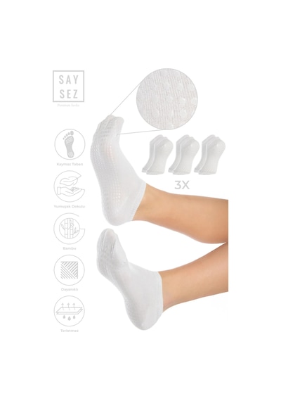 Saysez Bambu Kadın Kaydırmaz Beyaz Taban Silikon Baskı Pilates Yoga Fitness Dans Aktivite Patik Çorabı 3'lü Renkli