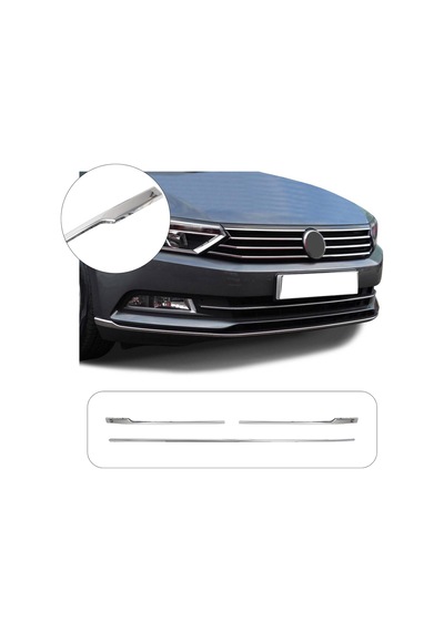 Volkswagen Passat B8.5 Uyumlu 2019 Ve Üzeri Krom Ön Tampon Çıtası 3 Parça Paslanmaz  Çelik