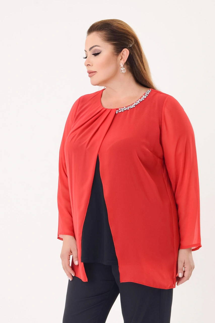 Lilas Xxl Büyük Beden Kırmızı Renkli Şifon Bluz Kırmızı
