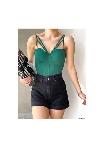 Angbutik Kadın İşçilik V Yaka İnce Askılı Krep Kumaş Crop Büstiyer Zümrüt Yeşili