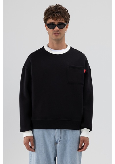 Vamos Bisiklet Yaka Cep Detaylı Oversize Sweatshirt Siyah