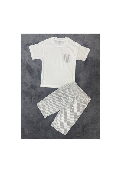 Erdem Kıds Erkek Çocuk Basic T-shirt Şort Çizgili Kaprili Yazlık 2'li Takım Gri Gri