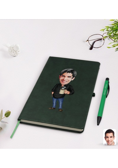 Kişiye Özel Erkek Karikatürlü Yeşil Termo Deri Defter Kalem Seti N11.688