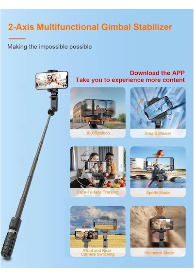 Selfie Çubuğu Tripodlu Gimbal - 2 Eksenli Manevra, Uzayabilir Tripod Telefon Sabitleyici, Led Işıklı Tasarım, Self Genel