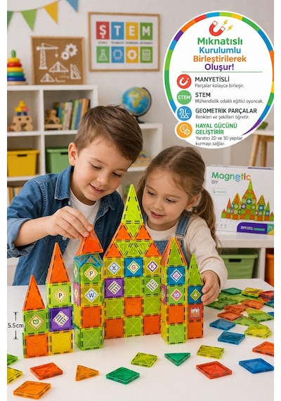 Magnetic 79 Parça Manyetik Blok Yapboz Stem Eğitici Oyuncak Kale Oyun Seti Eğitsel Kare Parça 5.5 Cm