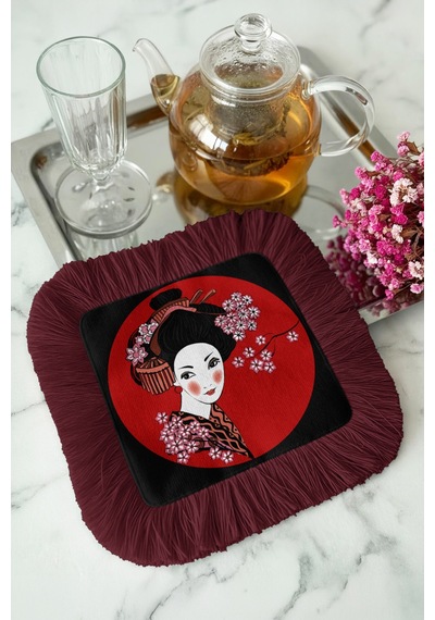 Lüks Japon Geisha Sanatı Püsküllü Sunum Peçetesi - Uzak Doğu Modern Bordo Bardak Altlığı Mendil Çok Renkli